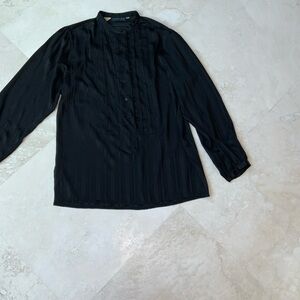 Chic Black Chiffon Long-Sleeve Band Collar Pleated sz 9/10